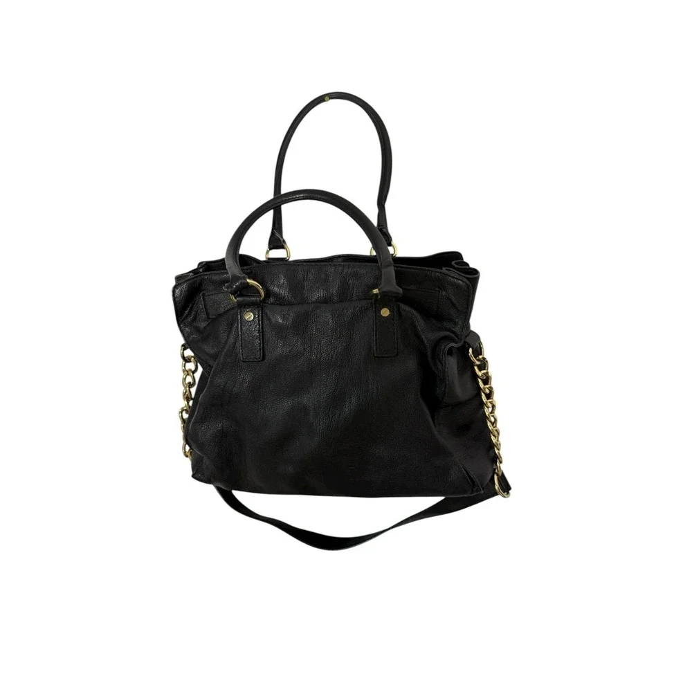 Michael Kors Satchel Bag Womens Black Leather Gold Chain Shoulder Purse Large MK